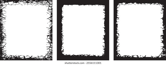 Black Grunge Frame Design set, Rectangular Frames with Cracked and Distressed Borders for Artistic Visual Displays