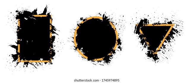 Grunge negro con vector de marco, Colección de fondo de Grunge, Elementos de pintura con spray, juego de salpicaduras negras, elementos de diseño artístico sucio, trazos de pincel de tinta, ilustración vectorial.