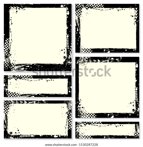 Black grunge frames set with tire tracks\
isolated on white\
background