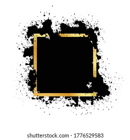 Grunge negro con vector de marco dorado, Colección de fondo ondulado, Elementos de pintura con spray, Juego de salpicaduras negras, Elementos de diseño artístico sucio, trazos de pincel de tinta, Ilustración vectorial.