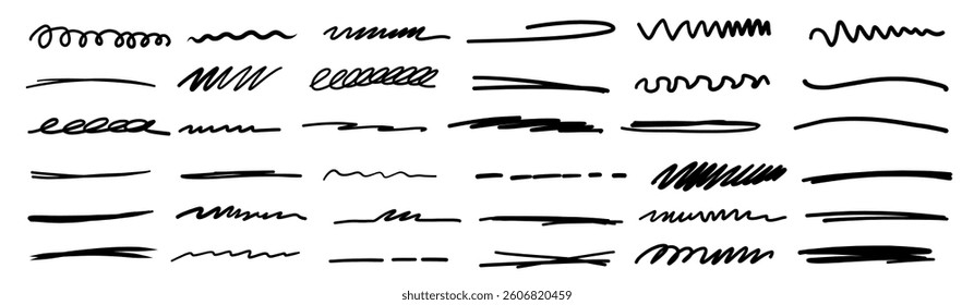 Black grunge graffiti strokes, shapes, lines isolated on white background. Simple charcoal chalk crayon calligraphy effects ideal for business, school presentation designs, 