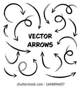 Black Grunge Hand Drawn Arrows Set on White Background. Arrow, Cursor Icon. Vector Pointers Collection. Back, Next Web Page Sign. 