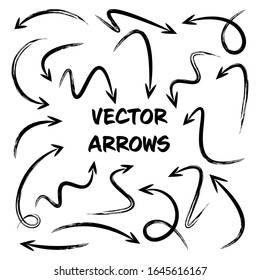 Black Grunge Hand Drawn Arrows Set on White Background. Arrow, Cursor Icon. Vector Pointers Collection. Back, Next Web Page Sign. 