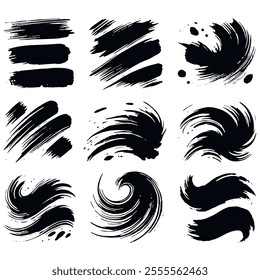 Black grunge hand drawn doodle brushstrokes , curves, waves, splatters set collection on white background. Vector isolated brush strokes. Elements. Black and white modern design. Template.