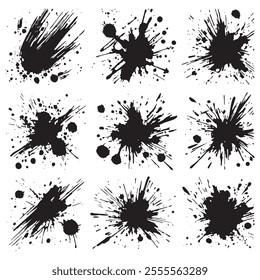 Black grunge hand drawn doodle abstract ink splatters spots  sstains set collection on white background. Vector isolated splatters, splashes. Elements. Black and white modern design. Template.