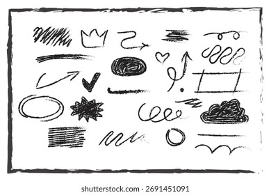Black Grunge Hand Drawn Elements Crown Check Mark Oval Star Scribbles Arrows and Shapes vector illustration