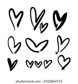 Black grunge hearts set collection brush vector hand drawn symbol cute heart illustration clip-art. Love Valentine symbol. Decor elements for logo, label, emblem, poster, postcard, nail stickers, t
