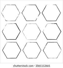 Black grunge hexagon frame. Icon set. Geometric shapes. Hand drawn sketch. Art design. Vector illustration. Stock image. 