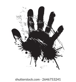 Preto grunge humano impressão de mão splatter isolado no fundo branco, textura bagunçada detalhada para design forense, cena do crime urbano, arte de rua, símbolo de terror assustador, impressão angustiada expressiva
