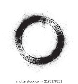 Black grunge ink blots frame with tire track silhouette isolated on white background