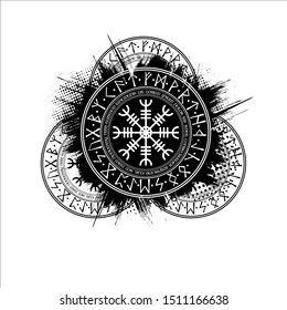 Black grunge ink blots splash pattern with scandinavian runic circle symbol