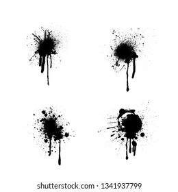Black grunge ink blots splashes set idolated on white background