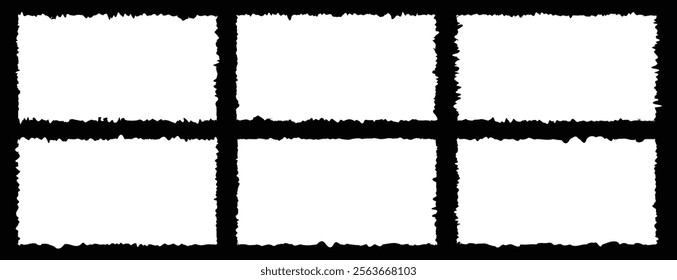 Black grunge jagged rectangle frames. Set of torn paper pieces. Vector torn paper sheet for sticker, collage, banner. Ripped shapes silhouettes isolated on black background.