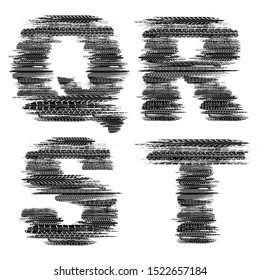Black grunge letters set with tire tracks isolated on white background