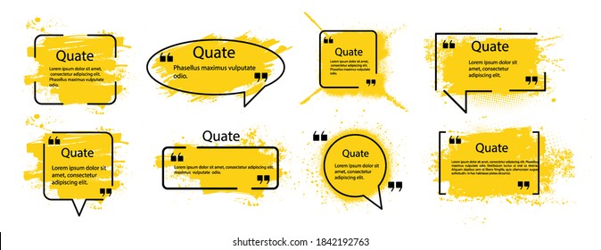 Schwarze Grunge Logo Vorlage für Text mit Rahmen und Splash-Effekt. Grunge Zitat, Rahmennotizen. Schmutzige künstlerische Designboxen mit Rahmen für Text. Einziger Grunge-Logo, Textfeld. Vektorset