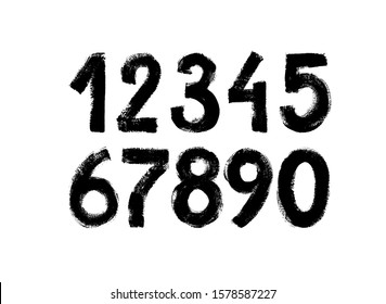 Black grunge numbers vector collection. Grunge dirty painted numbers set. Hand drawn ink drawing. Dirty textured font. Ink illustration isolated on white background. Vector typography. 