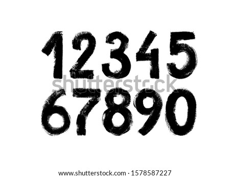 Black grunge numbers vector collection. Grunge dirty painted numbers set. Hand drawn ink drawing. Dirty textured font. Ink illustration isolated on white background. Vector typography. 