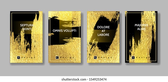 Black grunge on gold foil. Metallic gold glitter brush or paint stain for banner and sticker isolated vector set