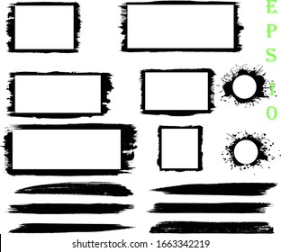 Pancartas de pintura Grunge negra, conjunto de manchas de pintura rectangulares, formas gruesas. Marco de cuadro. Insignia angustiada. pintura negra hecha a mano de brocha creativa 