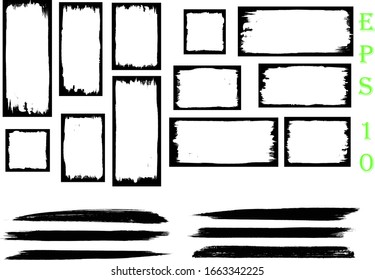 Black Grunge Paint Banners, set of rectangular paint splatters, grunge rough shapes. Box frame. Distressed badge. black paint hand made creative brush stroke 
