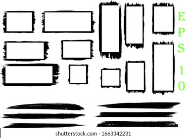 Black Grunge Paint Banners, set of rectangular paint splatters, grunge rough shapes. Box frame. Distressed badge. black paint hand made creative brush stroke 