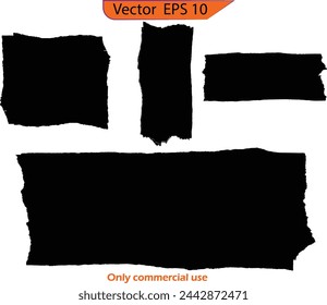 Black Grunge Paint Banners, set of rectangular paint splatters, grunge rough shapes. Box frame. Distressed badge. Transparent background. 