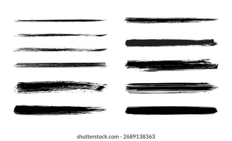 black grunge paint brush strokes set, distressed ink lines and bold textured vector brushes, abstract hand drawn paint stroke elements isolated on white background