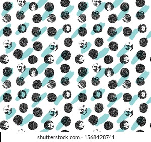 Black grunge paint circles with green blots. Seamless pattern for clothes, fabric, black friday banners