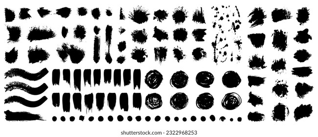 Black grunge paintbrush, paint stroke, ink collection. Set of brush, ink element texture