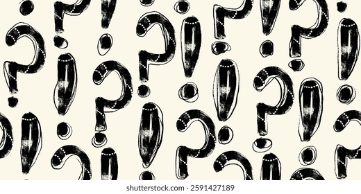  Black Grunge Question and Exclamation Marks Seamless Pattern. Hand drawn crayon doodle punctuation marks in repeatable background 