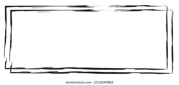 Black grunge rectangle empty frame with rough texture, isolated on white background, vector illustration