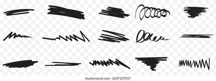 Black Grunge red strike through and underline elements. Set of hand drawn red pencil lines and strokes. Doodle vector graphic elements. Typography ink brush lines. Crosses and curved strokes. EPS 10.