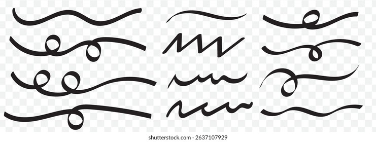 Black Grunge red strike through and underline elements. Set of hand drawn red pencil lines and strokes. Doodle vector graphic elements. Typography ink brush lines. Crosses and curved strokes. EPS 10.