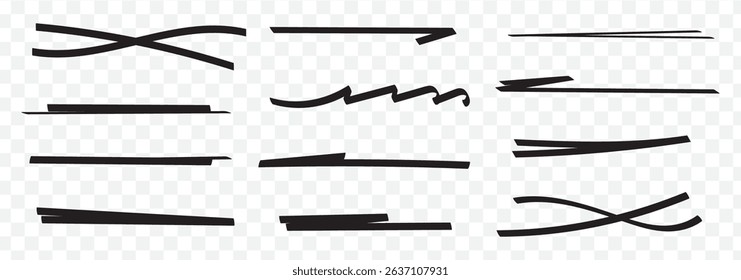 Black Grunge red strike through and underline elements. Set of hand drawn red pencil lines and strokes. Doodle vector graphic elements. Typography ink brush lines. Crosses and curved strokes. EPS 10.
