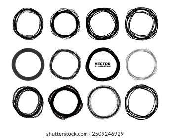 Black grunge ring frame shapes isolated on a white background. Doodle repeating circular shapes.  Hand drawn circle frame brush strokes. Round calligraphy brush strokes. Vector Illustration. EPS 10