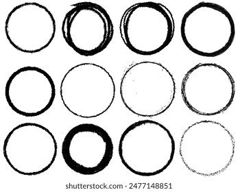 Black grunge round rings isolated on a white background. Hand drawn circular frames brush strokes. Set of chalk circle frames. Graffiti stamps. Distressed round shapes. Vector Illustration.