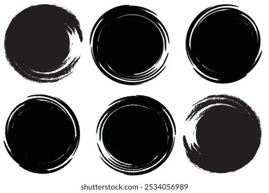 Black grunge round shapes. Brush strokes frames elements, frames for design. Vector isolated on white background.