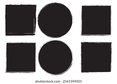 Black grunge round shapes. Brush strokes frames elements, frames for design. Vector isolated on white background.