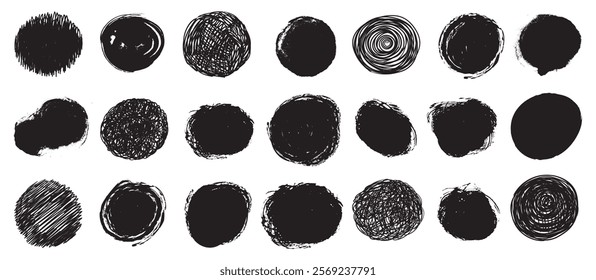 Black grunge round shapes. Brush strokes frames elements, frames for design. Vector isolated on white background.