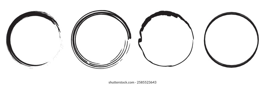 Black grunge round shapes. Brush strokes frames elements, frames for design. Circle brush strokes, hand drawn paint brush circle logo frame. Brush circles. grunge circles. circles deign	