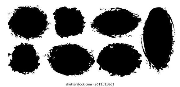 Black grunge round shapes. Grunge circle, black paint, ink, dirty brush strokes. Grunge post Stamps Collection. Vector illustration.