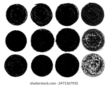 
Black grunge round shapes isolated on a white background. Hand drawn circular brush strokes. Set of chalk circle shapes. Graffiti stamps. Distressed round shapes. Vector Illustration.