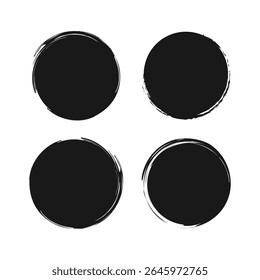Black grunge round shapes isolated on a white background. Hand drawn circular brush strokes. Set of chalk circle shapes. Graffiti stamps. Distressed round shapes. Vector Illustration.