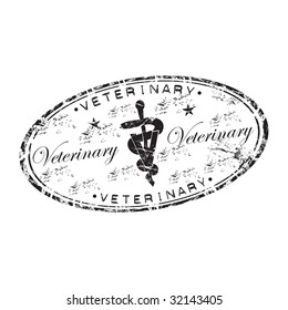 Black grunge rubber oval stamp with the veterinary symbol in the middle of the stamp