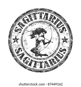 Black grunge rubber stamp with an attractive woman aiming with a bow and the text sagittarius written inside the stamp. Sagittarius horoscope symbol concept