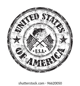 Black grunge rubber stamp with bald eagle between two american flags and the name of the United States of America written inside the stamp