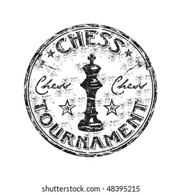 Black grunge rubber stamp with chess king symbol and the text chess tournament written inside the stamp