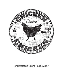 Black grunge rubber stamp with chicken silhouette and the text chicken high quality written inside the stamp