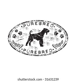 Black grunge rubber stamp with dog silhouette, paw prints and the word purebred written inside the stamp