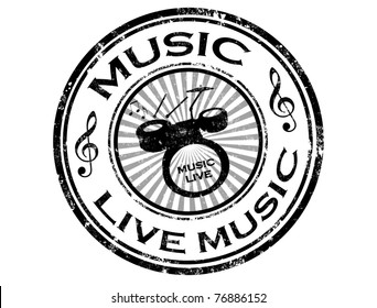 Black Grunge Rubber Stamp With Drums And Word Live Music Inside,vector Illustration